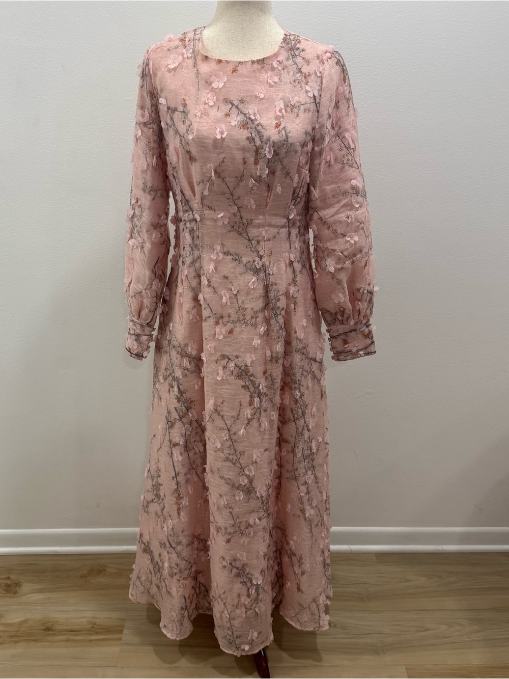 Women's Blush Pink Floral Long-Sleeve Maxi Dress